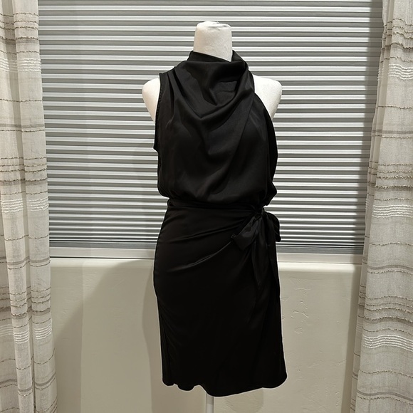 Zesica Black Silky Sleeveless Faux Wrap Mock Turtleneck Dress - Picture 1 of 15